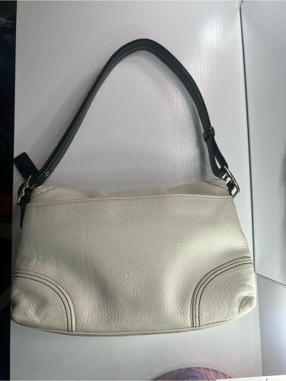 White Leather Shoulder Bag with Brown Strap